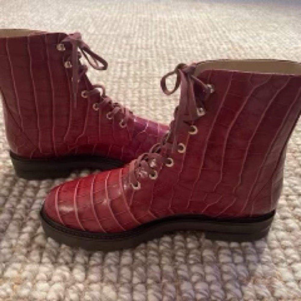 Stuart Weitzman Mila lift croc embossed leather combat boots
